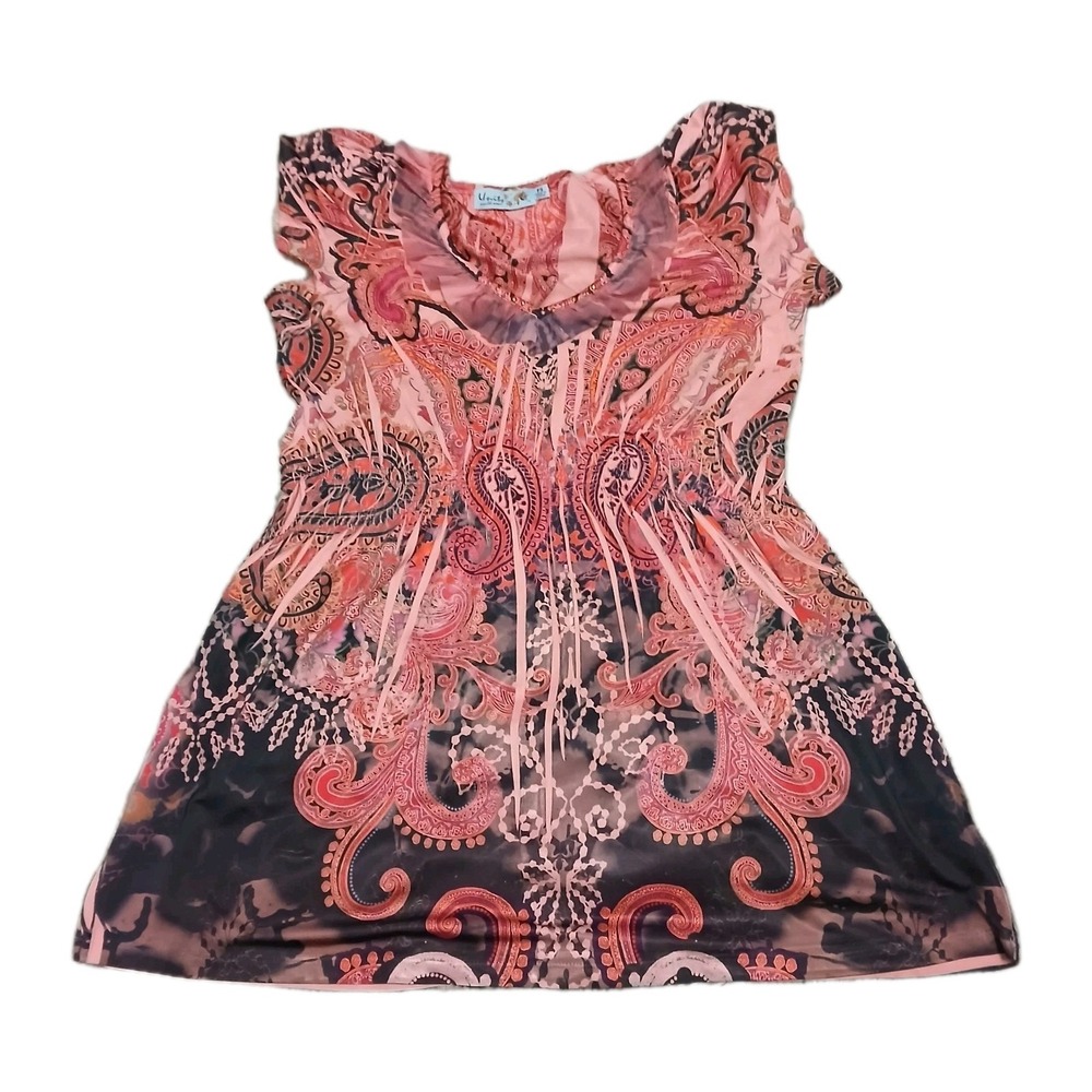 Unity World Wear Women Top‎ Blouse Size PS Paisley Print Peach Pink Black Y2K